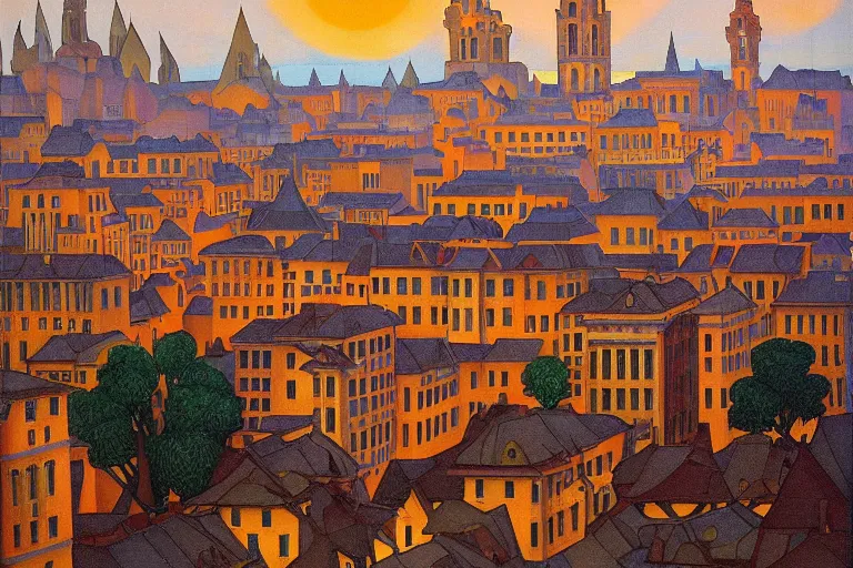 Prompt: view of the old city and its tree-lined winding streets still wet after a storm, tall windows lit up, beautiful ornamental architecture, dramatic cinematic lighting, rich colors, by Nicholas Roerich and ford madox brown and April Gornik and Sylvain Sarrailh and Ludwig Deutsch and Diego Rivera, featured on artstation