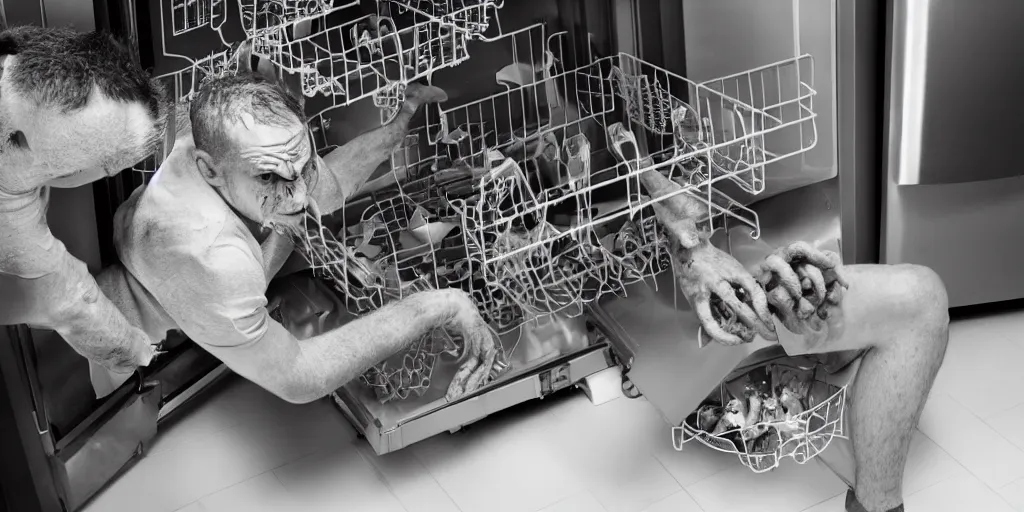 Prompt: a man constructed from the parts of a broken dishwasher. he is crouching inside a refrigerator and a squid is emerging from his gaping torn mouth