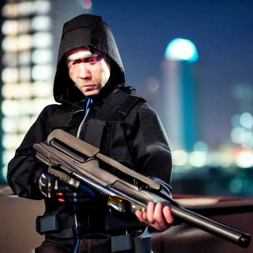 Image similar to photographic portrait of a techwear woman holding a shotgun, closeup, on the rooftop of a futuristic city at night, sigma 85mm f/1.4, 4k, depth of field, high resolution, 4k, 8k, hd, full color, Die Hard, movies with guns, movie firearms