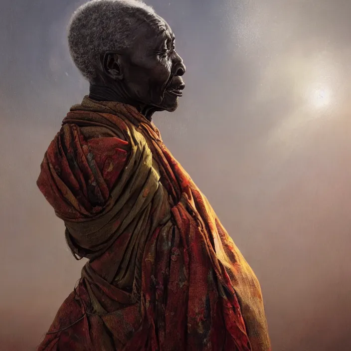 Image similar to a painting of a wise elder from Kenya. dramatic angle, ethereal lights, details, smooth, sharp focus, illustration, realistic, cinematic, artstation, award winning, rgb , unreal engine, octane render, cinematic light, macro, depth of field, blur, red light and clouds from the back, highly detailed epic cinematic concept art CG render made in Maya, Blender and Photoshop, octane render, excellent composition, dynamic dramatic cinematic lighting, aesthetic, very inspirational, arthouse.