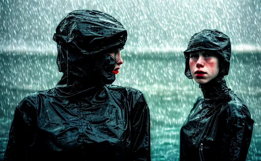 Image similar to cinestill 5 0 d candid photographic portrait by helen levitt of two loving female androids wearing rugged black mesh techwear in treacherous waters, extreme closeup, modern cyberpunk moody depressing cinematic, pouring rain, 8 k, hd, high resolution, 3 5 mm, f / 3 2, ultra realistic faces, ex machina