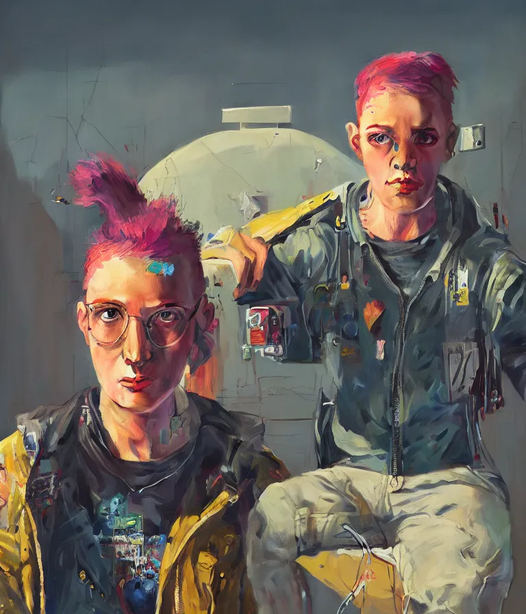 Image similar to a portrait of a punker in a painting from stalenhag, 4 k, 8 k, hdr, artstation, concept art