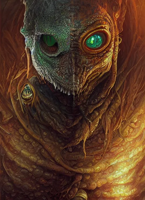 Image similar to aquatic mf doom reptile eyes, orange skin. intricate, elegant, highly detailed, centered, digital painting, artstation, concept art, smooth, sharp focus, illustration, artgerm, tomasz alen kopera, peter mohrbacher, donato giancola, joseph christian leyendecker, wlop, frank frazetta