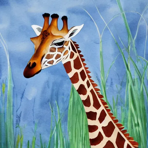 Prompt: aquarell painting of a giraffe surrounded by tall grass and foliage, white background, beautiful composition