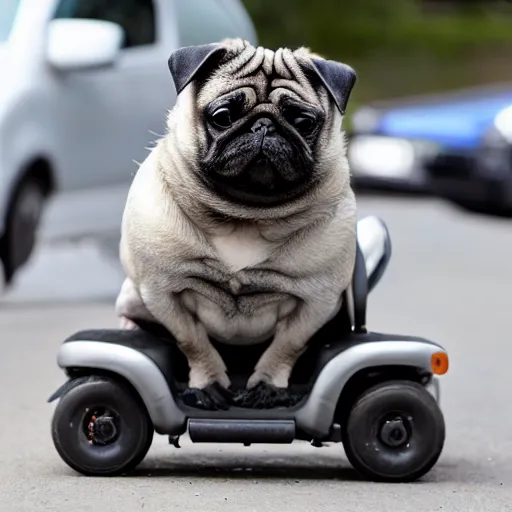 Prompt: a morbidly obese pug riding a mobility scooter, high resolution photo