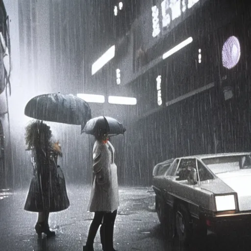 Prompt: 1 9 8 2 film stills of blade runner, with rachel with beyonce, and doja cat, having a night on the town. rainy and smoky with futuristic vehicles overhead and people carrying neon umbrellas.