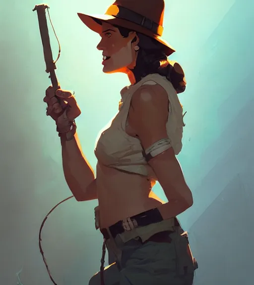 Image similar to portrait of a female indiana jones by atey ghailan, by greg rutkowski, by greg tocchini, by james gilleard, by joe fenton, by kaethe butcher, dynamic lighting, gradient light blue, brown, blonde cream and white color scheme, grunge aesthetic