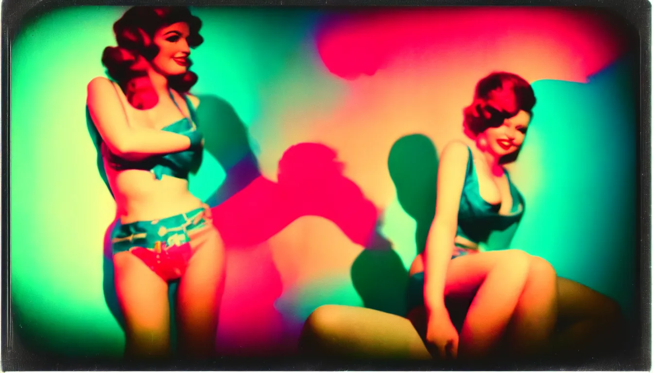 Image similar to colorful instant photograph of a pinup woman, polaroid, light leak, raw, nostalgic