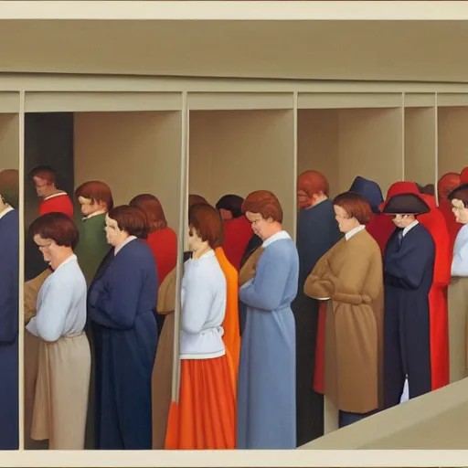 Image similar to people standing in line at the post office, by george tooker