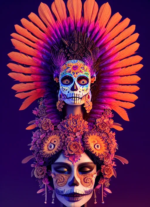 Image similar to 3 d mexican goddess profile portrait. beautiful intricate highly detailed day of the dead mask and feathers. low - key lighting, bioluminescent, plasma, lava, ice, water, wind, creature, quetzalcoatl, artwork by tooth wu and wlop and beeple and greg rutkowski, 8 k trending on artstation,