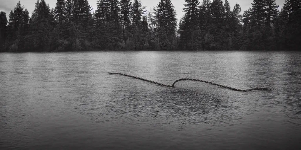 Image similar to centered photograph of a long rope zig zagging across the surface of the water, floating submerged rope stretching out towards the center of the lake, a dark lake on a cloudy day, color film, trees in the background, hyperedetailed photo, moody volumetric, anamorphic lens