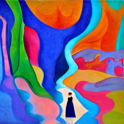 Prompt: woman watches the fast flowing river as it enters the ocean and gathers up the colors and dreams of her community, abstract art in the style of cubism and georgia o keefe,