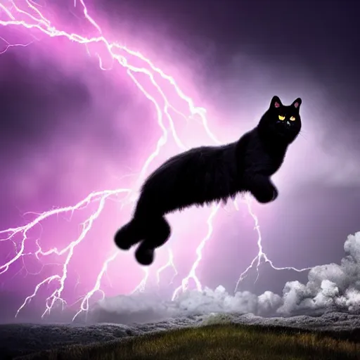 Image similar to a photo of black fluffy cat, riding on top of a big purple dragon in an electrical storm, ultrarealistic, highly detailed, 4 k