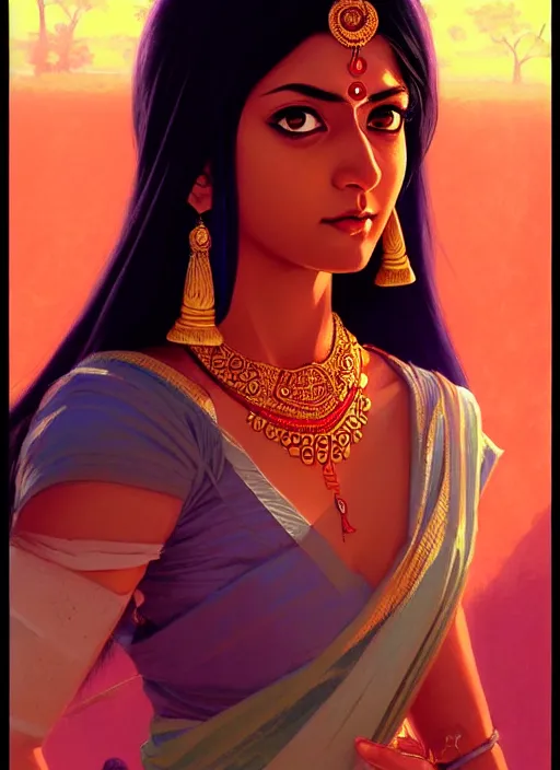 Image similar to a comic portrait of an indian goddess, fine - face, realistic shaded perfect face, fine details. night setting. very anime style. realistic shaded lighting poster by ilya kuvshinov katsuhiro, magali villeneuve, artgerm, jeremy lipkin and michael garmash, rob rey and kentaro miura style, trending on art station