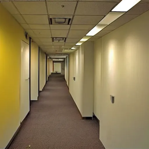 Prompt: an empty office hallway, yellowish photo, craigslist photo