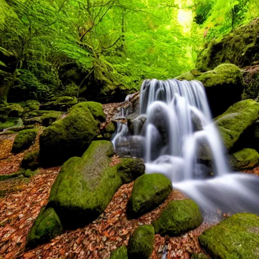 Image similar to A hidden waterfall, tucked away in a secluded forest, with the sound of the water cascading down the rocks, in a peaceful and calming style.