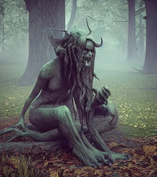 Image similar to weeping demon statue in graveyard surrounded by beautiful forest, vintage film photo, cgsociety, octane render, trending on artstation, artstationHD, artstationHQ, unreal engin