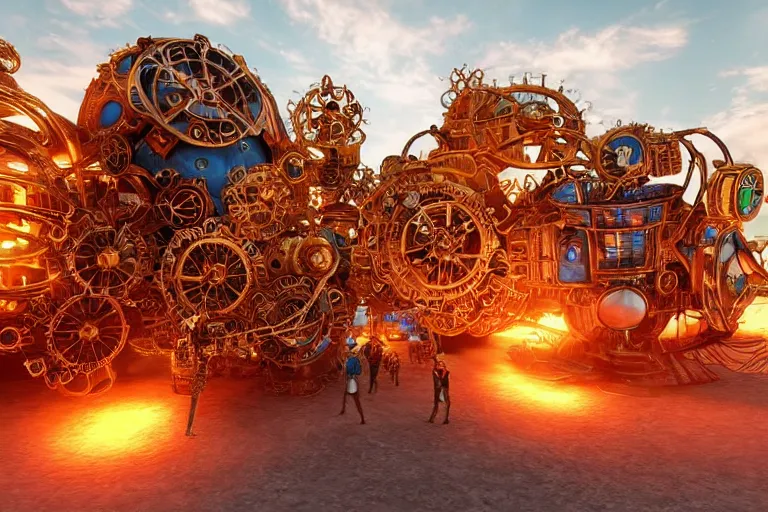 Image similar to scene is burning man festival, portrait photo of a giant huge golden and blue metal steampunk robot, with gears and tubes, eyes are glowing red lightbulbs, audience selfie, shiny crisp finish, 3 d render, 8 k, insaneley detailed, fluorescent colors, haluzinogetic, background is multicolored lasershow