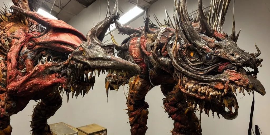 Image similar to photo taken of an epic intricate, ultra detailed, super realistic gritty, hero prop, exquisitely painted animatronic movie prop of a nightmarish hellish creature displayed in the workshop, created by weta workshop, full body shot, photorealistic, sharp focus