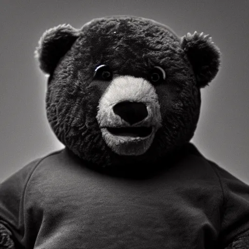 Image similar to a ( ( ( ( ( ( ( ( ( chiaroscuro lighting portrait ) ) ) ) ) ) ) ) ) ) of kanye west dressed as teddy bear mascot, black background, portrait by julia margaret cameron, shallow depth of field, 8 0 mm, f 1. 8