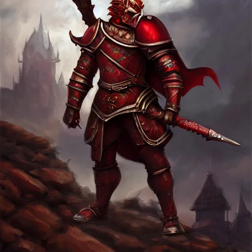 Prompt: A noble red dragonborn paladin with a halberd heroically posing in front of a castle, fantasy, medieval, cinematic, serious expression, 8k, trending on artstation, Bayard Wu, Rudy Siswanto, Sam Santala, In the style of Clint Cearley