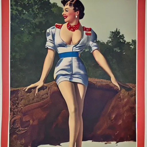 Image similar to full body pin up post war dressing a military unioform,with a park in the back ground, water color, Gil Elvgren style