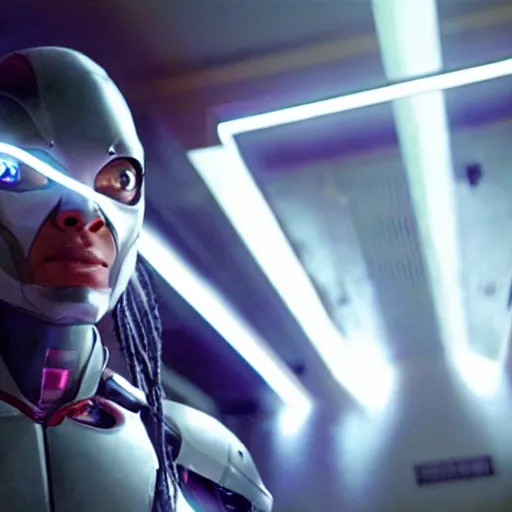 Image similar to movie still of cyborg with glowing third eye, cinematic composition, cinematic light, criterion collection, by marvel