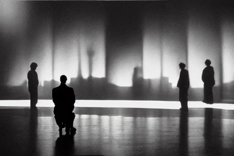 Image similar to back of a man facing a dark conference hall, people cheering at the atmospheric and obscure, red neon light, by roger deakins, cinematography, syd mead