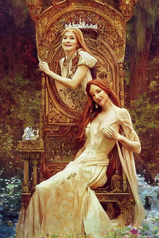 Image similar to Queen Jane Seymour sitting on a throne, fantasy, by Stanley Artgerm Lau, greg rutkowski, thomas kindkade, alphonse mucha, loish, norman Rockwell