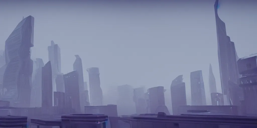 Prompt: a low poly object of a futuristic city, thick fog, elegant, moody, unreal engine