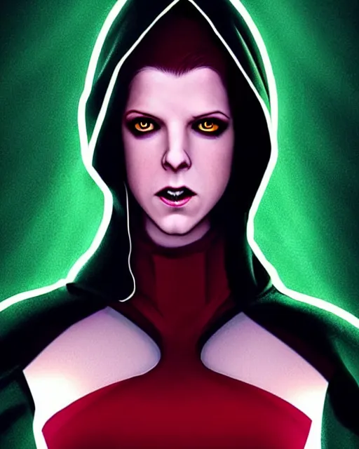 Prompt: Dan LuVisi art, cinematics lighting, beautiful Anna Kendrick supervillain, green dress with a black hood, angry, symmetrical face, Symmetrical eyes, full body, flying in the air over city, night time, red mood in background