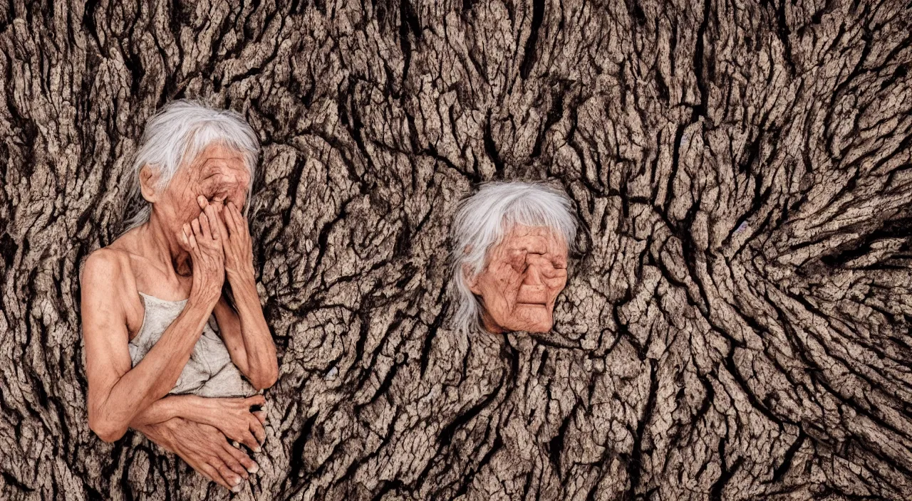 Image similar to close-up of a 65-year-old Gaia, crying calmly, facing the camera and standing in front of a dried up river in a desolate land, dead trees, blue sky, hot and sunny, highly-detailed, elegant, dramatic lighting, artstation, 4k, cinematic landscape, photograph by Elisabeth Gadd