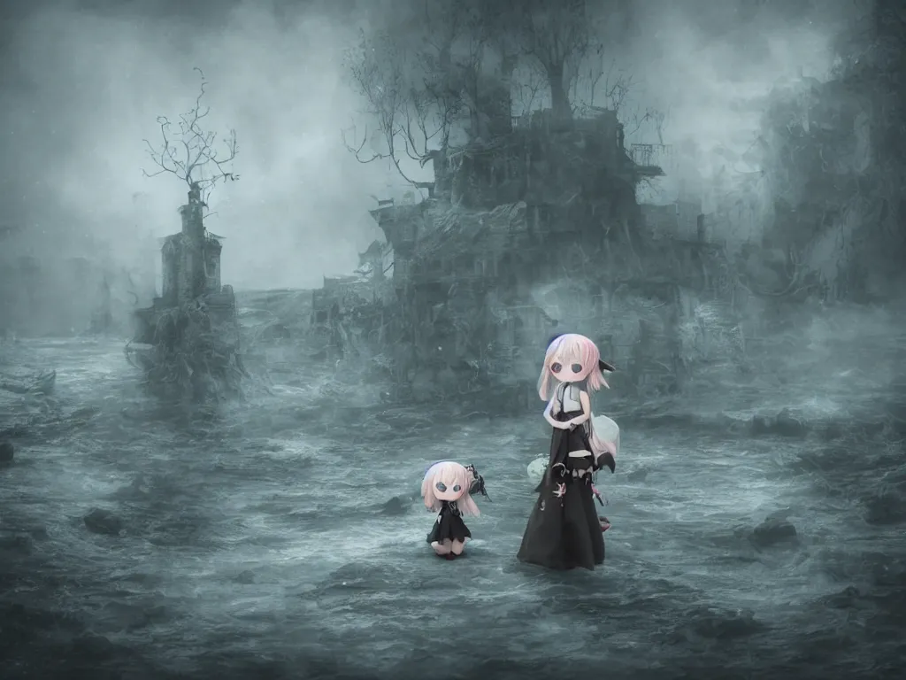 Image similar to cute fumo plush girl witch on a tiny island of concrete brutalist eldritch ruins surrounded by murky river water, dark cursed otherworldly chibi gothic horror wraith maiden, lost in the milky void, hazy heavy magical glowing swirling murky volumetric fog and smoke, moonglow, lens flare, vray