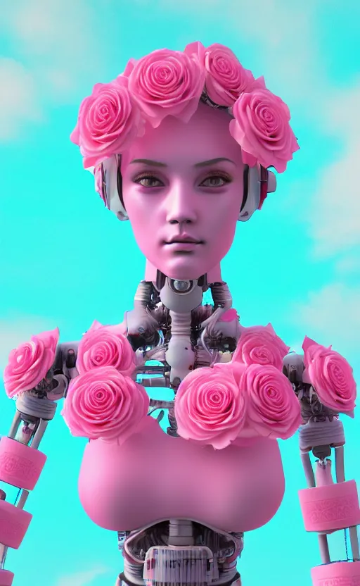 Image similar to detailed vaporwave pastel female robot covered in roses, 3d, digital art, 4k