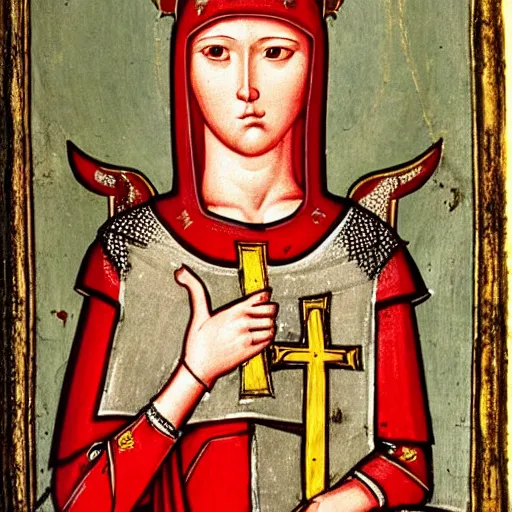 Image similar to a woman with red short hair, red hair, wearing a medieval armor, intricated details armor, holy knight, a halo on her head, holy saint, holy ichonography, catholic fresco