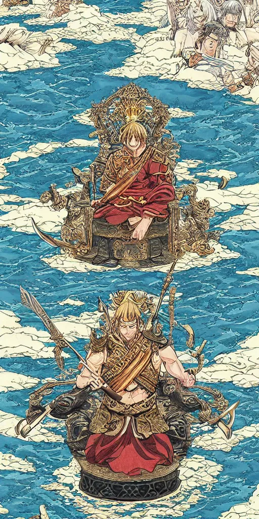 Prompt: a lone emperor sitting on a throne floating on water in the middle of a lake drawn by Makoto Yukimura in the style of Vinland saga anime, full color, detailed, psychedelic, Authority