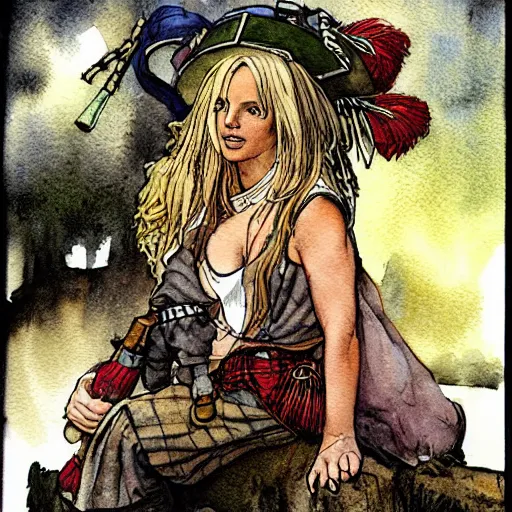 Image similar to a realistic and atmospheric watercolour fantasy concept art of britney spears dressed with scottish clothes and with bagpipe, muted colors. by rebecca guay, michael kaluta, charles vess and jean moebius giraud,