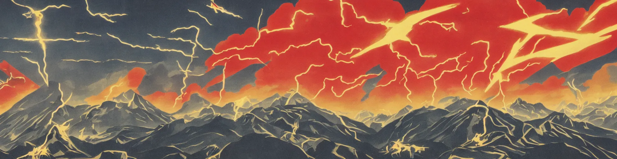 Prompt: solar montain with one lightning bolts in 1940s propaganda poster