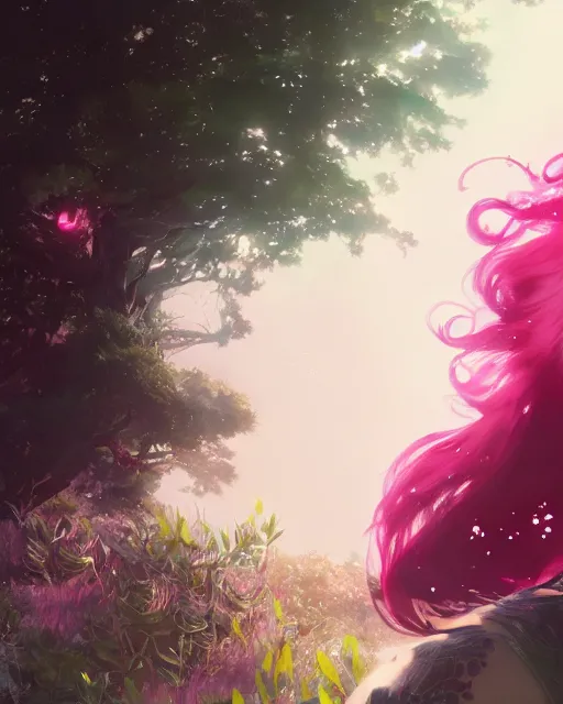 Image similar to a highly detailed image of A beautiful woman basking, with medium length magenta hair covering an eye, and a tall tree, and large obsidian crystals, cinematic lighting, dramatic atmosphere, by Dustin Nguyen, Akihiko Yoshida, Greg Tocchini, Greg Rutkowski, Cliff Chiang, 4k resolution, trending on artstation