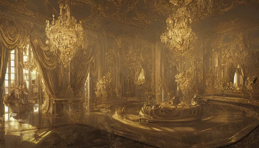 Image similar to rococo interior made from chrome, versailles, light, shadows, reflections, epic composition, intricate, elegant, volumetric lighting, digital painting, highly detailed, artstation, sharp focus, illustration, concept art, ruan jia, steve mccurry