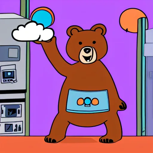 Image similar to cartoon animated bear wearing clothes being launched out of a futuristic machine into a purple and orange cloud land