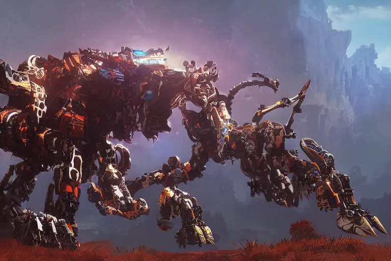 Image similar to behemoth machine mecha animal beast robot of horizon forbidden west horizon zero dawn bioluminiscence global illumination ray tracing hdr fanart arstation by sung choi and eric pfeiffer and gabriel garza and casper konefal