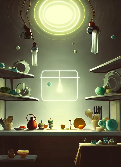 Image similar to high depth, collective civilization kitchen, calm, healing, resting, life, hybrids, scifi, soft white glowing lights, published concept art, art in the style of all and none and everything and infinity, clowdy day