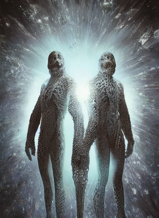 Image similar to astronauts in the dark infinite underwater void - complex and hyperdetailed technical suit, fabric material. reflection and dispersion materials. rays and dispersion of light. volumetric light. wide angle, f / 3 2. noise film photo. flash photography. ultra realistic, wide angle. poster by wayne barlowe, hajime sorayama aaron horkey, craig mullins