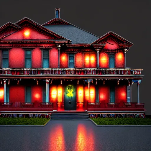 Prompt: A photorealistic 3d render of Invincible Mark Grayson, Volume, Full, ominous, magical realism, texture, intricate, ornate, royally decorated, android format, windows, many doors, roofs, complete house , whirling smoke, embers, red adornments, red torn fabric, radiant colors, fantasy, trending on artstation, volumetric lighting, micro details, 3d sculpture, ray tracing, 8k