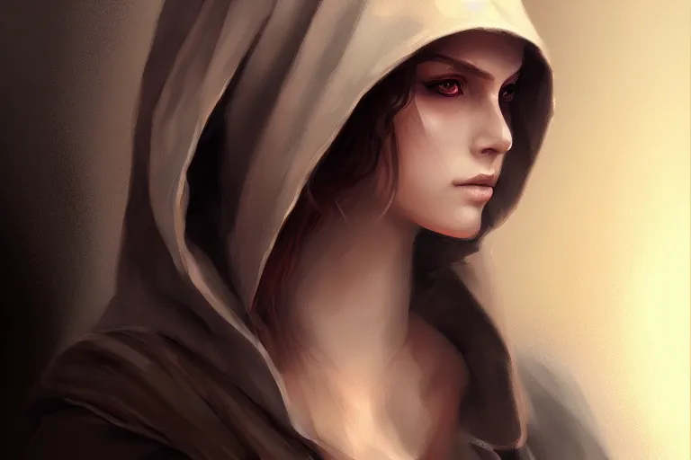 Prompt: « a painting of a woman with a hood on, a digital painting by charlie bowater, featured on cgsociety, fantasy art, behance hd, wiccan, artstation hd »