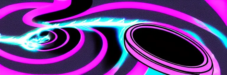 Prompt: graphic novel illustration of pink and purple clouds spiraling into a black hole, cyan lightning, digital illustration, visual novel