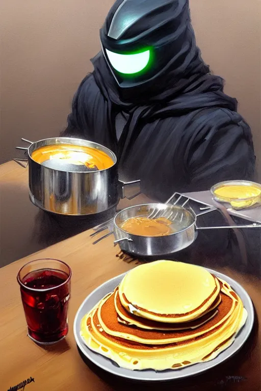 Image similar to mf doom as cooking pancakes animation pixar style, shaded lighting poster by magali villeneuve, artgerm, jeremy lipkin and michael garmash, rob rey and kentaro miura style, trending on art station