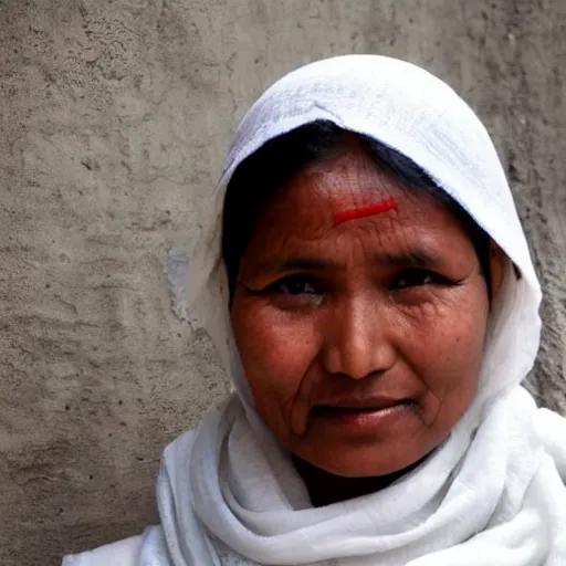 Image similar to a nepali woman wearing a white shawl, realistic