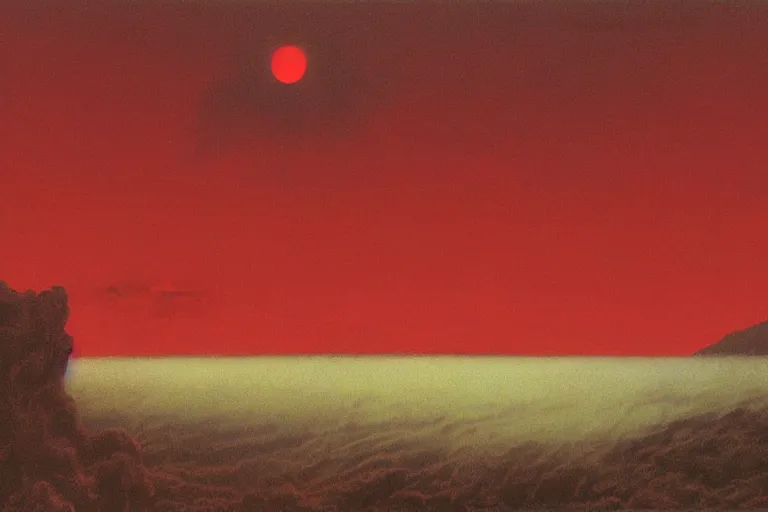 Prompt: a detailed volcanic landscape , violent clouds in the sky with glowing red eyes in the sky by Zdzisław Beksiński